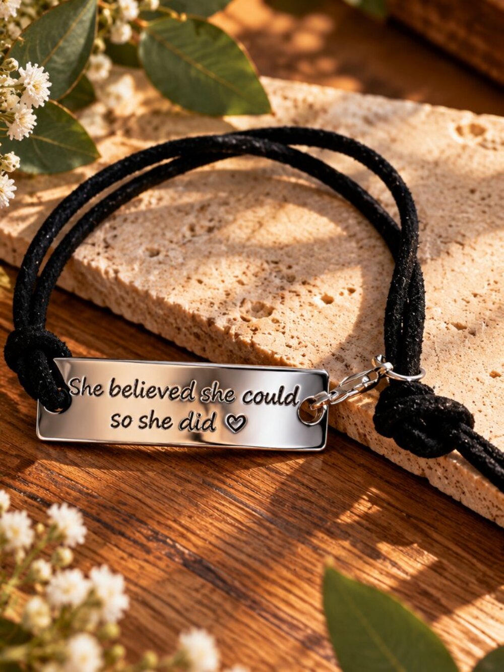 Inspirational “She Believed She Could” Black Cord Bracelet